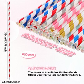 IAIANFAN 50 Pcs Cotton Candy Sticks, 13.78 inch Cotton Candy Cones Colorful Stripes Paper Straws Cones Cotton Candy Holder for Birthday Wedding Party, Candy Making