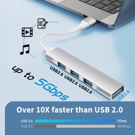 YACSEJAO 4-Port USB Hub, Ultra Slim USB 3.0 & 2.0 Expander Adapter Multi USB Port Data Hub for Notebook PC, Laptop, MAC, USB Flash Drives, and Mobile HDD, etc. (Silver)