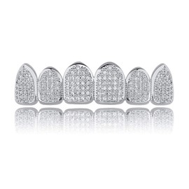 JINAO Silver Top Grillz for Your Teeth 18k Gold Plated All Iced Out Luxury Cubic Zirconia Top Mouth Grills set Men Women with Extra Molding Bars Included (Silver top)