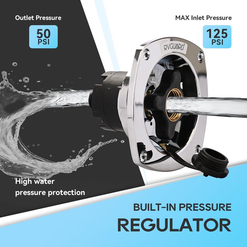 RVGUARD RV City Water Inlet with Regulator, Chrome Wall Mount