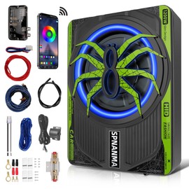 SPNANMA 2025 1200W 10"Slim Car Underseat Subwoofer and Amp Package with Ambient Light, Individual Control for Low Pass/Gain/Boost Bass, High output surround vibration bass without distortion for Truck