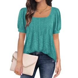 Zwurew - Camisetas casuales de verano para mujer, cuello cuadrado, plisadas, de moda, para leggings, S-2XL, Turquesa, M