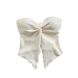 WDIRARA Women's Twist Front Split Y2k Tube Top Sleeveless Strapless Bandeau Asymmetrical Hem Tops Apricot Medium