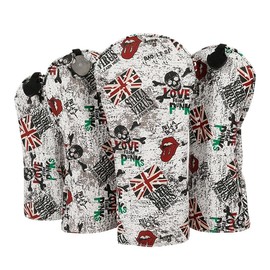 Golf Driver Head Cover 4 Piece Set | Fits #1 Driver, #3 Wood, #5 Wood, #U Utility Club | Protective Headcovers British Flag Skull Punk