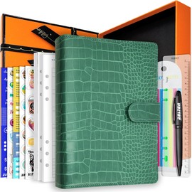 PU Leather Personal Notebook Planner with 80 Pages Loose Leaf Papers 6 Holes Ring Binder Pen Holder Magnetic Buckle (Green Faux Crocodile Texture, A5 Gift Box)