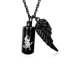 Cylinder Urn Necklace for Ashes Memorial Ashes Necklace with Angel Wing Motorcycle Biker Memorial Urn Pendant Ash Keepsake Cremation Jewelry (Black)