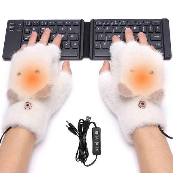 Sunfry USB Heated Gloves USB Heated Mittens Knitted Winter Gloves Half Finger Heated Laptop Gloves 3 Temperature Settings Winter Gift 5V Washable (White)