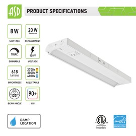 ASD Swivel LED Under Cabinet Lighting, 18 Inch 8W, Hardwired or Plug-in, 2700K/3000K/4000K, Hi/Low Switch, Rotatable Lens, Dimmable Linkable Under Counter Light for Kitchen, ETL & Energy Star