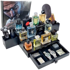 Classic Wooden Cologne Organizer for Men 3 Tier Black | High Grade Velvet Lining and Stylish Gift Box | Uncluttered Design Perfume Display Stand Gift Idea | SELUM