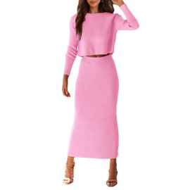 PRETTYGARDEN Women's Spring Fall 2 Piece Sweater Set Rib Knit Long Sleeve Crop Top Maxi Bodycon Skirt Casual Winter Outfits (Pink,Large)