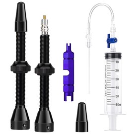 Tubeless Ventile Set,60mm Schwarz Aluminiumlegierungsschäfte für Presta Ventile mit Tubeless Spritze Ventileinsatz-Entfernungswerkzeug für MTB Rennrad Felgen