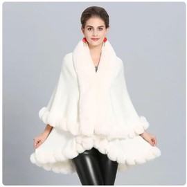 Cashmere Pashmina Group Cape-Faux Fur-Fur-ruana-coat-blanket-Caplet-Wrap-Shrug-Sweater-Poncho-dress shawl (Wool blend cape with faux fur trim - cream)