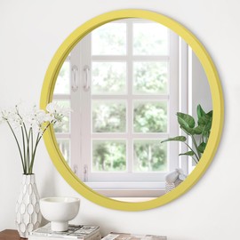 JJUUYOU Round Wall Mirror 20", Hanging Circle Mirror Round Yellow Mirror for Bathroom Wooden Farmhouse Frame Mirror for Bedroom, Living Room or Entryway Wall Decorative