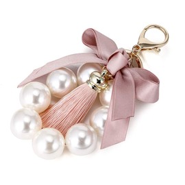 QTKJ Cute Bow Tassel Bag Charm Pendant Keychain Pearl Bracelets Keyring for Women Purse Handbag Decor (Pink)