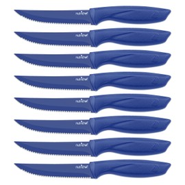 NutriChef SereneLife Stainless Steel Knife Set, 8 Pcs. - Non-Stick Coating, Sharp Serrated Blades, Professional Kitchen Set, Rust-Resistant, Dishwasher Safe, Ideal for BBQ & Grilling, Blue
