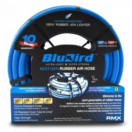 BLUBIRD 1/4" x 50ft Rubber Air Hose, High-Performance Pneumatic Hose for Automotive, Construction & Industrial Use, Durable, Flexible, High-Pressure Hose with Brass Fittings for Air Tools