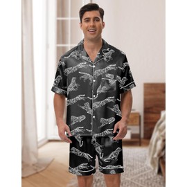 EPLAZA 2 Piece Silk Pajamas for Men Satin Pajama Set Button Down Pjs Set Sleepwear Loungewear (Black-tiger-short, XXL)