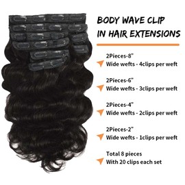 Body Wave Clip in Hair Extensions Real Human Hair 14 Inch Wavy Human Hair Clip in Extensions for Women Body Wave Clip Ins Human Hair 8Pcs 100g 20Clips Natural Black #1B
