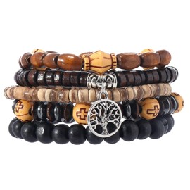 MILAKOO Men's Bead Bracelets Set Tribal Wooden Elastic Adjustable Prayer Beads Wrap Cuff for Women, Wooden bead, No gemstone
