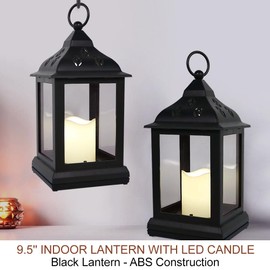 Bright Zeal 2-Pack 9.5" Vintage Decorative Candle Lantern with LED Flickering Flameless Candle (Black, 8hr Timer) - Indoor Hanging Lanterns Decorative Lanterns Battery Powered LED Candle Timer Candle