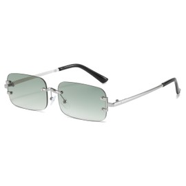 Hviomru Rimless Rectangle Sunglasses for Women Men Fashion Trendy Small Narrow Rectangle Sunglasses, Silver/green gradient