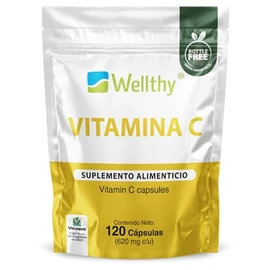 Wellthy Vitamina C 120 Cápsulas. 300mg, Solo 1 Cápsula al día, VCaps Capsulas Veganas, Bottle Free. Hecho en Planta Certíficada.