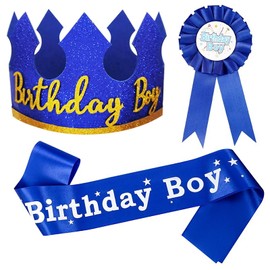 Birthday Decorations for Boy: 1 Blue Birthday Hat, 1 Royal Blue Birthday Sash, 1 Royal Badge, Perfect for Boys' Photoshoots
