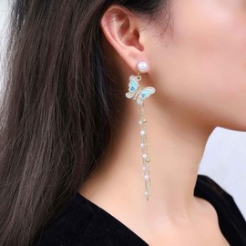 Iaceble Boho Crystal Butterfly Dangle Earrings Pearl Tassel Drop Earrings Long Rhinestone Butterfly Earrings Vintage Pearl Chain Earrings Wedding Bridal Earrings Jewelry for Women