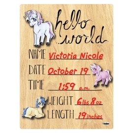 Cohas Hello World Newborn Baby Announcement Printed Wood Sign with Unicorn Theme, 12 by 16 Inches, Red Marker