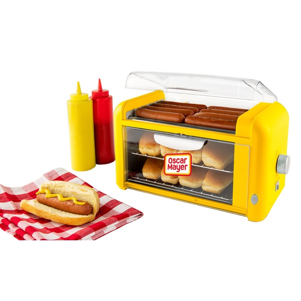 Nostalgia Oscar Mayer Extra Large 8 Hot Dog Roller & 8 Bun Toaster Oven, Stainless Steel Grill Rollers, Non-stick Warming Racks, Perfect for Hot Dogs, Veggie Dogs, Sausages, Brats, Adjustable Timer