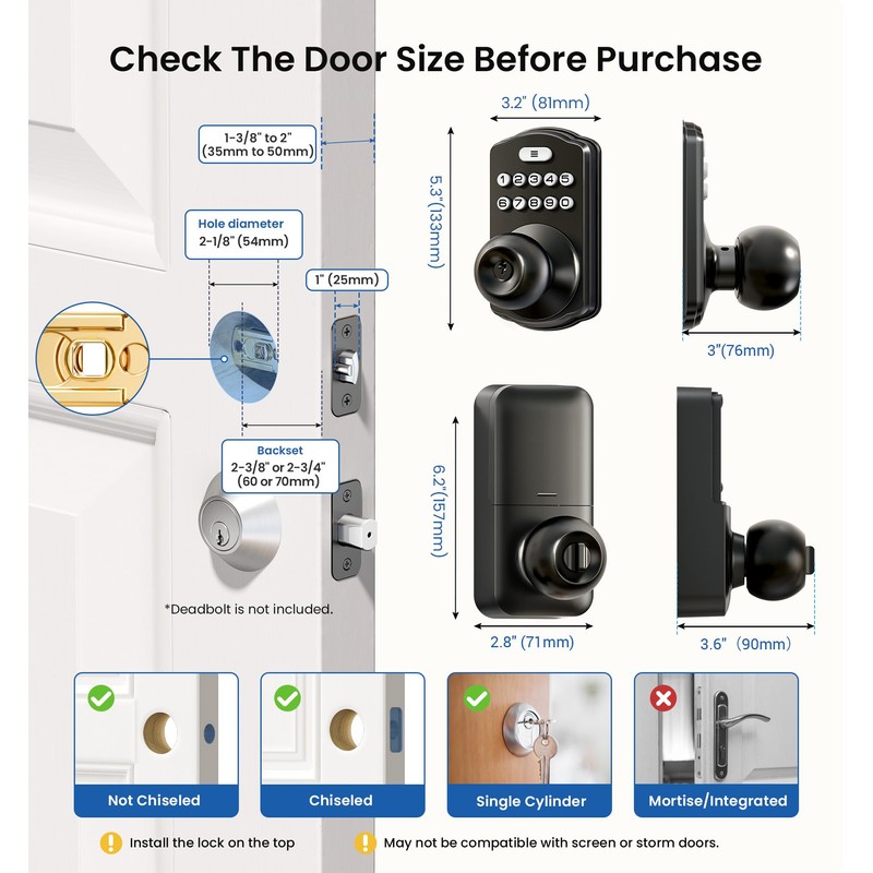 Veise Keypad Door Lock with Knob, Keyless Entry Digital Lock