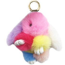 Xsclpomddy Plush Bunny Keyring Rainbow Pom Poms Bag Charm Handbag Car Key Plush Pom Pom Decoration, Rainbow pink