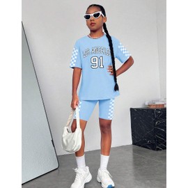CRISONE Clothes for Girls 10-12 11 Year Cute Outfits Blue Shorts Set Los Angeles Print Tee Shirt + Biker Shorts 2 Piece Girl Summer Outfits