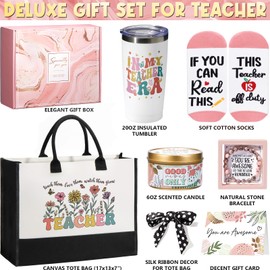 Teacher Christmas Gifts for Women, Best Teacher Appreciation Gifts Funny Teacher Gifts from Student, Thank You Teacher Gifts Basket Daycare Teacher Gifts Unique Gifts for Teachers with Canvas Tote Bag