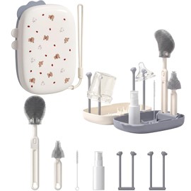 Meajax Cepillo para Biberones 7 en 1, Kit de Limpieza para Mamilas con Cepillo de Silicona Suave, Limpiador de Popotes, Dispensador de Jabón, Escurrid