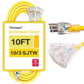 Thonapa 10 ft 10 Gauge Extension Cord with 3 Outlets, 10/3 Heavy Duty Outdoor Extension Cord 10' with Multiple Outlets 3 Prong, 15 Amp SJTW Weatherproof Industrial Cable, Yellow, for Major Appliances