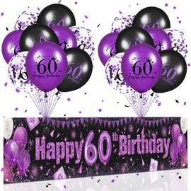 60th Birthday Party Decorations Purple Black Happy 60th Birthday Banner and 18PCS 60th Birthday Balloons for Women Men Purple Black 60th Birthday Yard Sign for 60th Anniversary Birthday Party Supplies