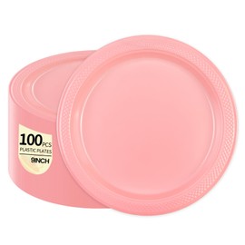 LDFDRT 9inch Pink Plastic Plates Disposable 100 pcs Party Dessert Dinner Plates Heavy Duty for Party,Wedding,Valentines