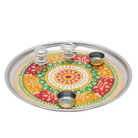Pooja Thali Plate Engagement Plate Decorative Puja Thali with Essential Pooja Articles for Aarti Pooja Indian Traditional Festival Navratri Pooja Decoration (Size- 11 Inches)