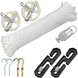 Outdoor Clothesline Pulley Kit,150ft Polyester Clothesline Rope, Heavy Duty Clothes Line with Nylon Clothes Line Pulley, S Separator Spreader, Tightener, Hooks