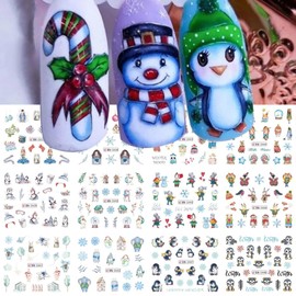 Christmas Nail Art Stickers Winter Penguin Nail Decals Cute Water Transfer Nail Art Decoration Supplies Snowflakes Animals Xmas Nail Design New Year Manicure Decals for Women Girls 12PCS