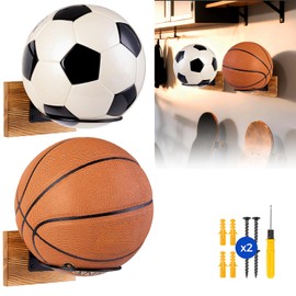 LAZYSEAL Wall Mount Ball Holder 2-Pack,Rustic Wood Sports Ball Storage Rack for Basketball, Soccer, Volleyball, Football - Heavy Duty Metal Display Hanger for Bedroom, Garage & Home Decor