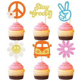 Keaziu 30 Pack Hippie Party Cupcake Toppers Peace Sign Hand Cupcake Picks 60s Theme Flower Boho Rainbow Birthday Party Supplies
