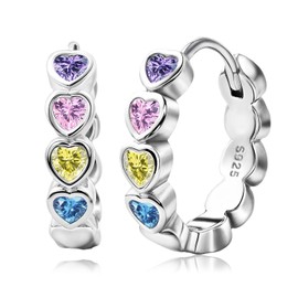 Heart Hoop Earrings with Colorful Rainbow Cubic Zirconia Sterling Silver Love Heart Huggie Earrings Cartilage Tiny Cute Small Huggie Hoops Hypoallergenic for Sensitive Ear for Women Daughter Birthday