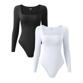 OQQ Women's 2 Piece Bodysuits Sexy Ribbed One Piece Square Neck Long Sleeve Tops Black White