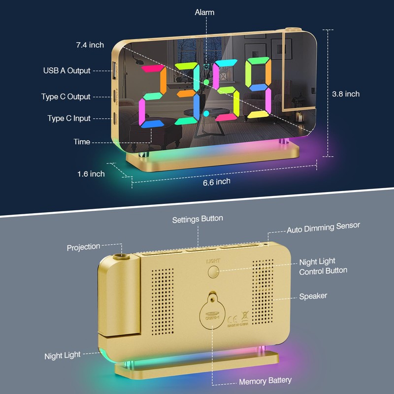 Poeroa Projection Alarm Clock for Bedroom,7.4" LED Mirror Digital Clock