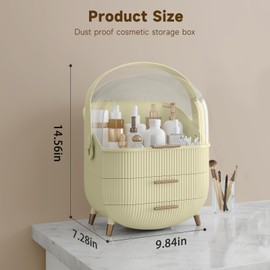 BTGGG Makeup Organizers, Make Up Organizers for Vanity, Countertop Cosmetic Storage with Drawers and Transparent Cover for Bedroom Bathroom, Maize-yellow
