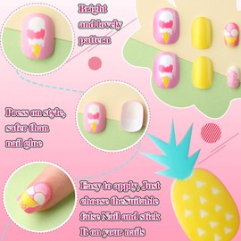 120 piezas de uñas postizas a presión para niños, uñas artificiales para niñas, uñas postizas cortas de cobertura completa para niñas y niños, diseño de uñas decorativas (verano brillante)