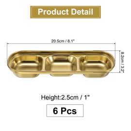 sourcing map 6 Pack Stainless Steel Dish Dipping Bowls with 3 Rectangular Compartment Divided, Metal Seasoning Plate Dipping Bowl for Condiment Home Party Restaurant Picnic Travel, Gold