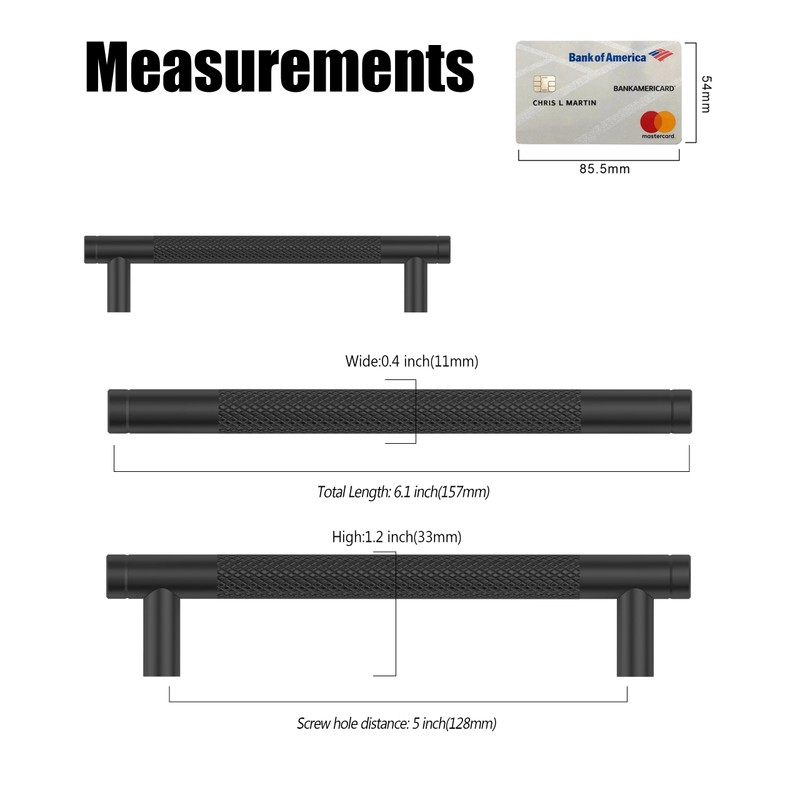 Coinkoly 10 Pack 5"(128mm) Matte Black Cabinet Pulls Knurled Kitchen